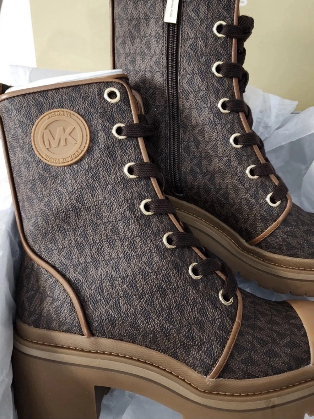 New Michael Kors Corey Logo Signature Combat Boots Brown Monogram 7.5M - Picture 2 of 6